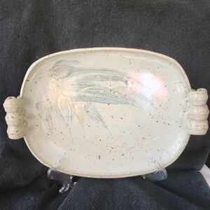 Pottery Barn Stoneware Serving Platter Tray Handles Blue Cream Leaves Appetizer